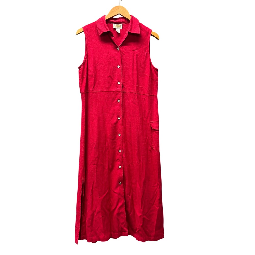 Talbots Maxi Dress Womens 8 Petite 8P Linen Blend Button Front Red Vintage